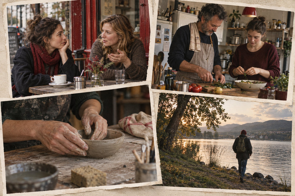 Bildcollage: Freunde im Café, Familie beim Kochen, Töpfern und ein Spaziergang am See.